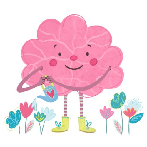 Personaje de cerebro regando flores